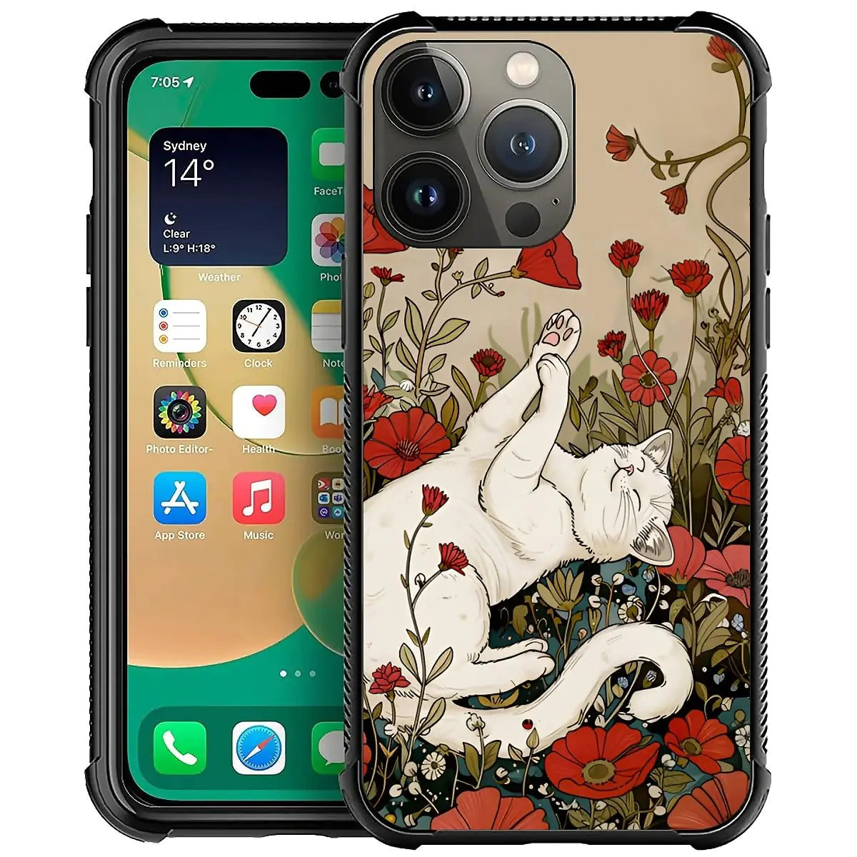 Phone Case Compatible with iPhone 14 Pro Max - Wireless Charging Compatible,S Poppies Cat TPU Bumper and Hard PC Pattern Back Case